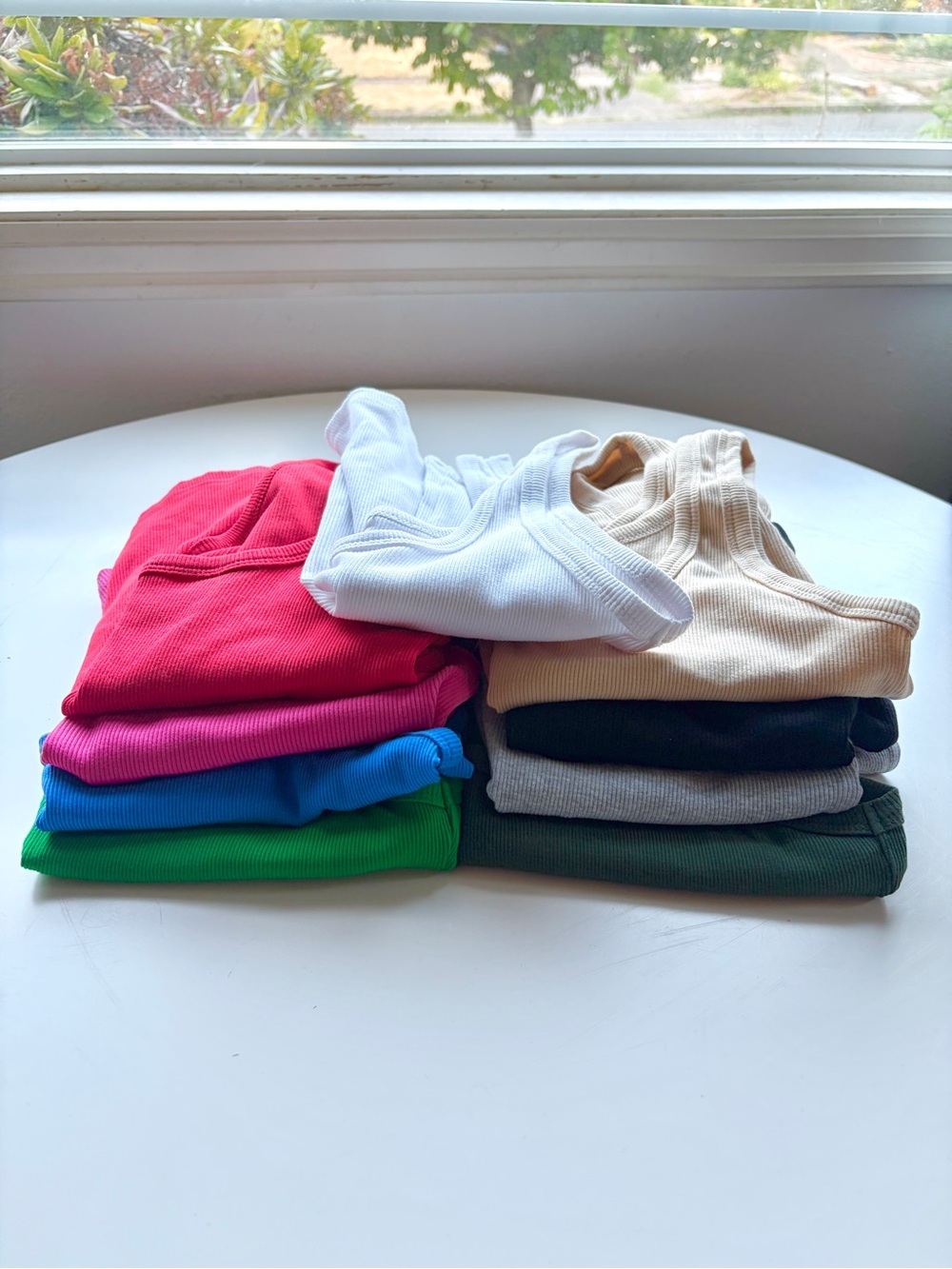 Set of 9! Scoop Neck Sleeveless Knit Ribbed Fitted Tank Tops, Semi-Cropped! EUC!